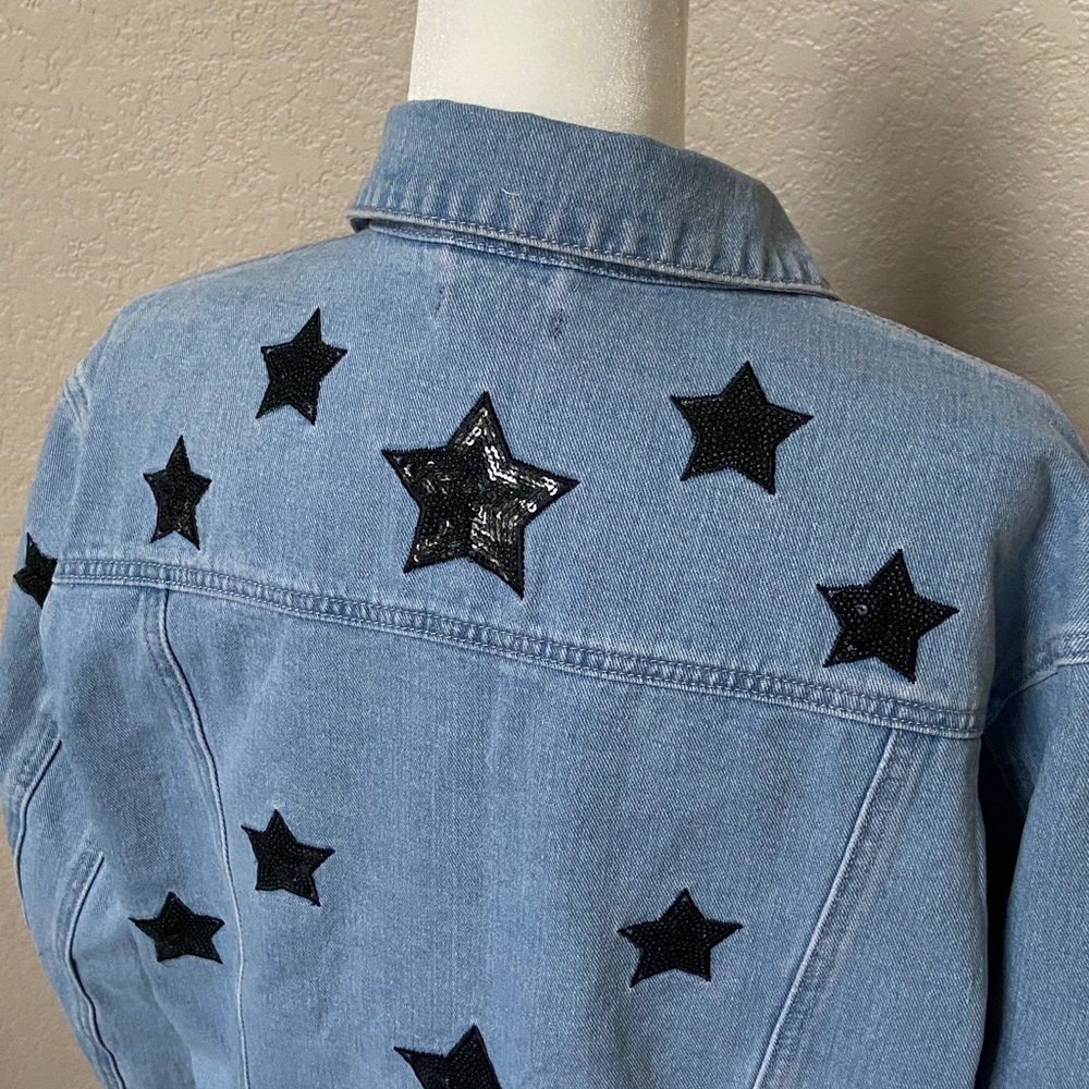 Sale! Nasty Gal Blue Denim Jacket with Black Sequin Stars. US Size 6 - Picture 6 of 17